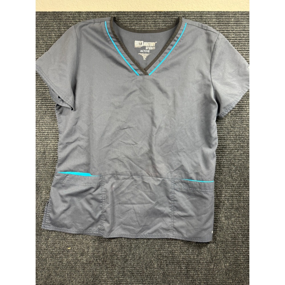 Greys Anatomy Active by Barco Women XL Gray Teal V-Neck Scrub Top Short Sleeve